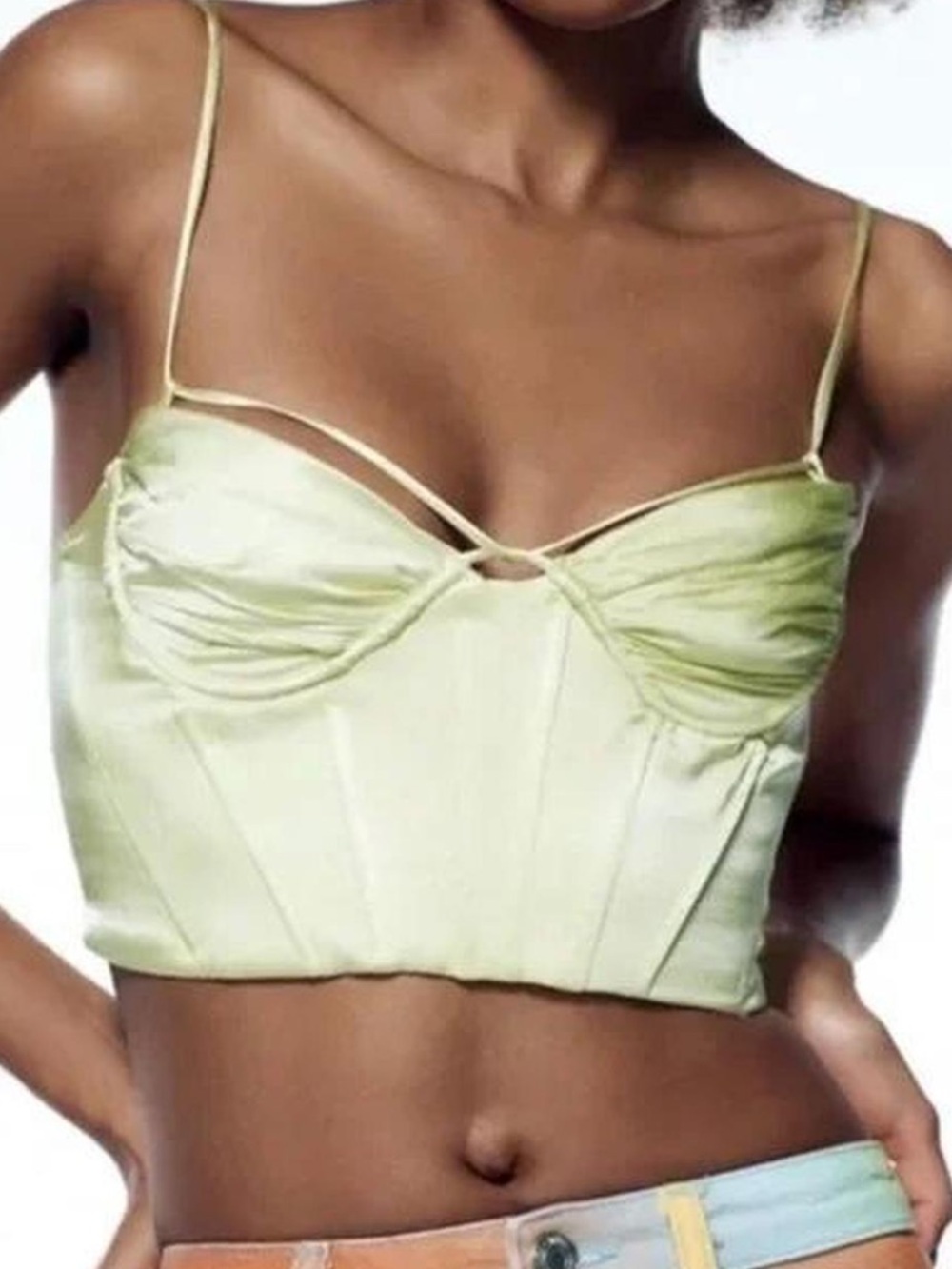 Zara Pastel Lime Satin Bustier Crop Top with Ties
